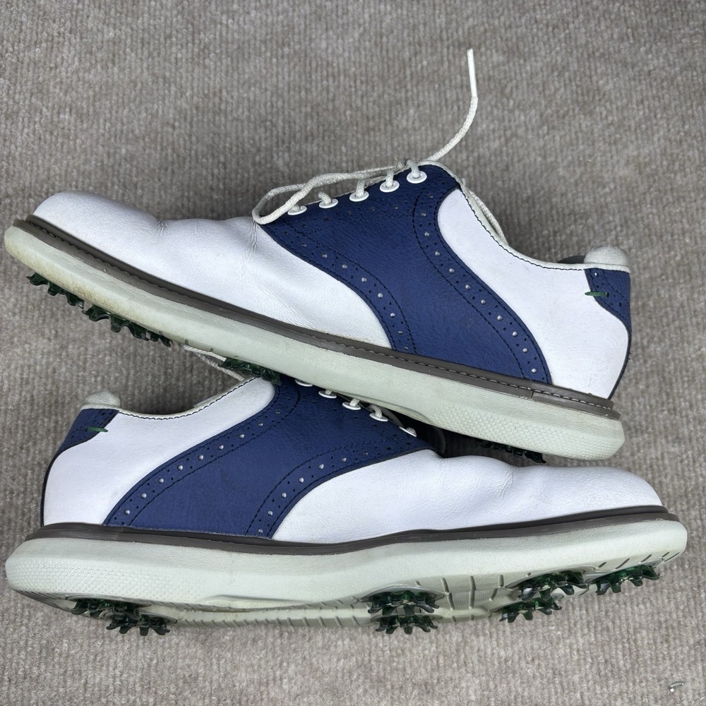 FootJoy FJ Golf Shoes Mens 8.5 M White Blue Leather Saddle Spikes Cleats - Picture 6 of 10